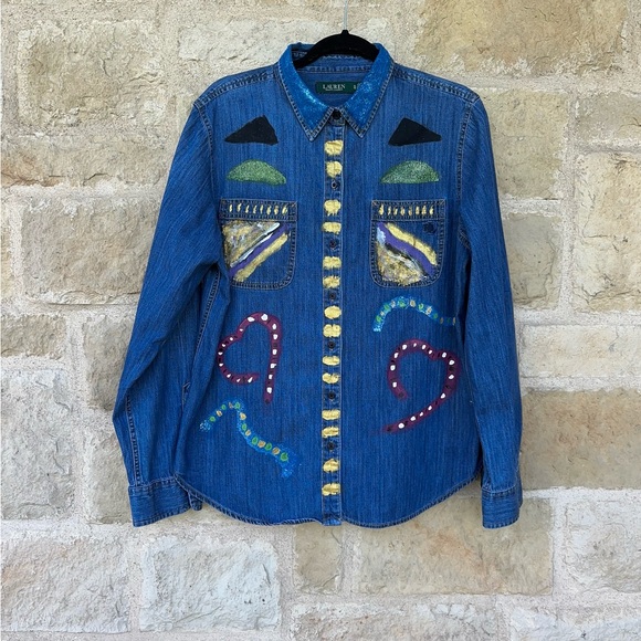 Lauren Ralph Lauren Blue Denim Shirt with Colorful Accents - Picture 1 of 6